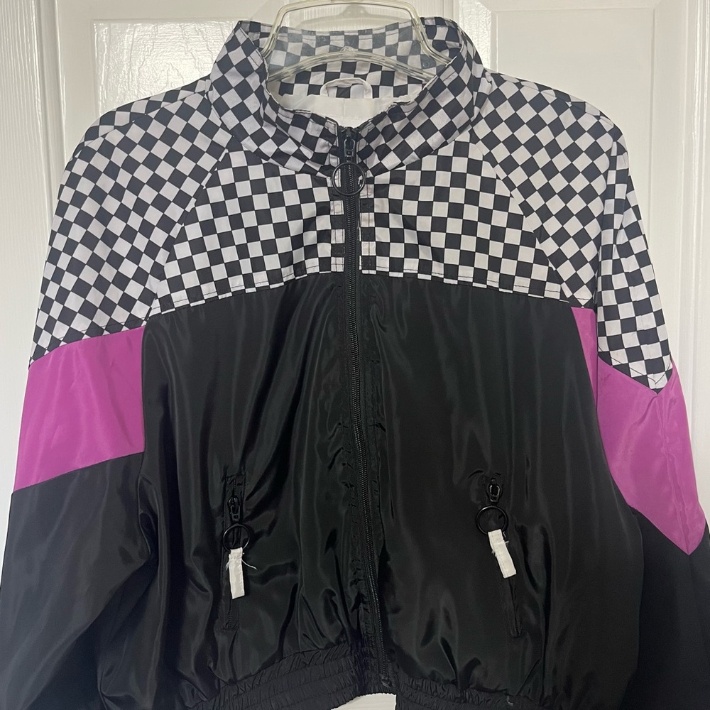 Rue21 Cropped Windbreaker Zip Up Jacket Checkered Y2K Sporty Retro Streetwear XL